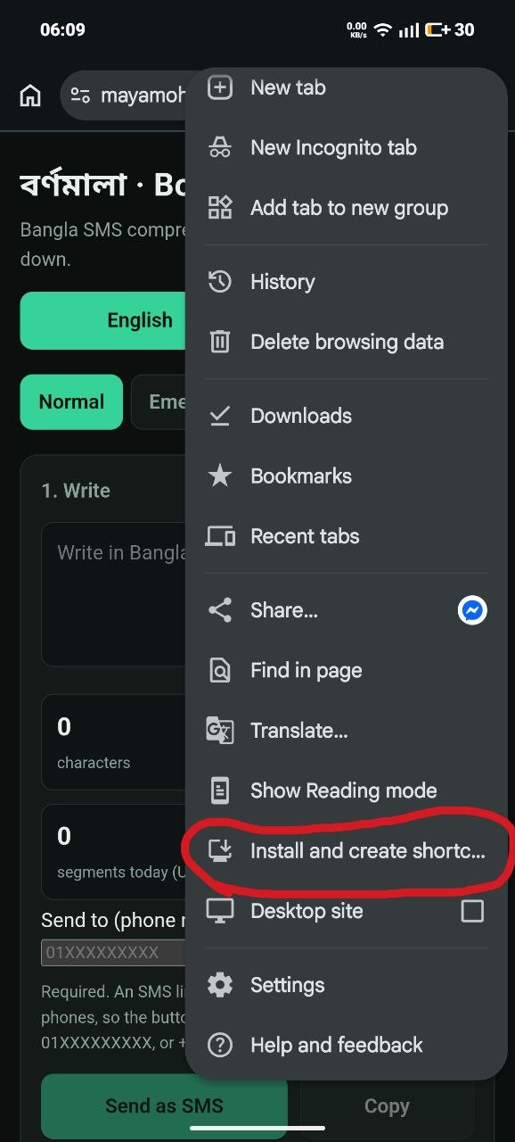 Install and create shortcut in the Chrome menu