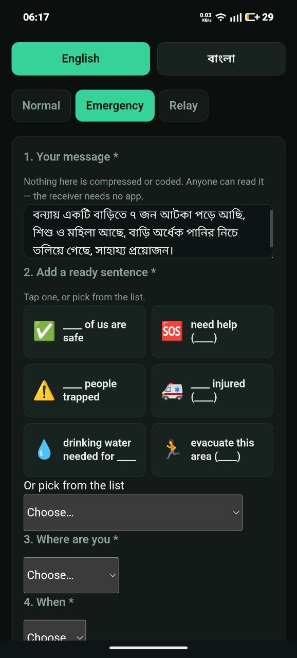 Emergency tab, typed message and ready sentences